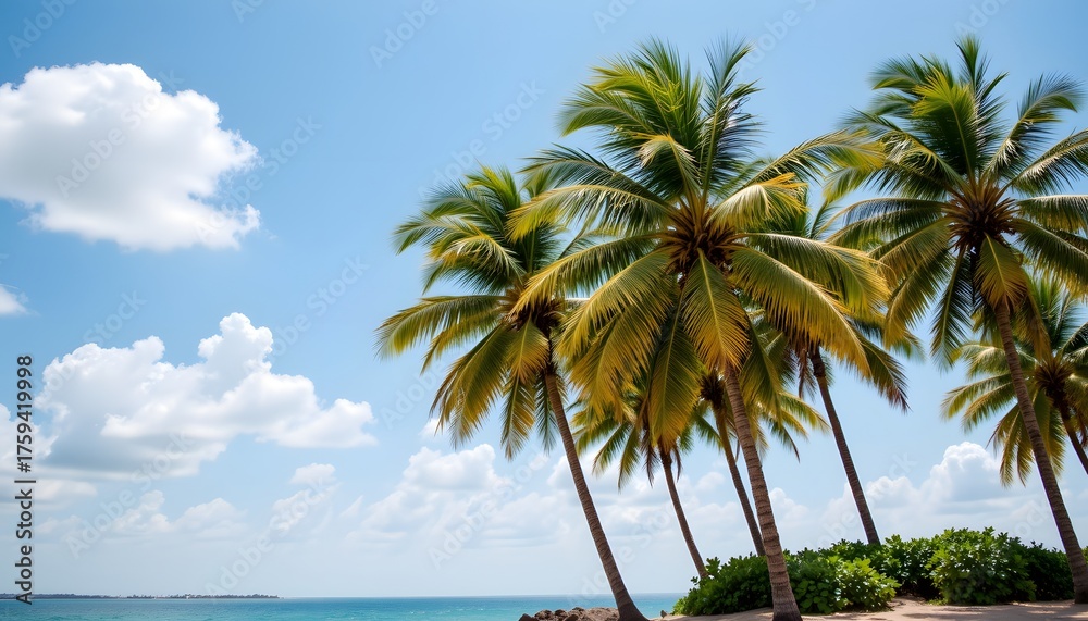 Obraz premium Lush Palm Trees Against a Bright Blue Sky Overlooking the Tranquil Ocean at a Tropical Beach