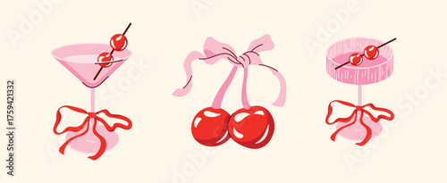 Coquette Aesthetic Elements Set. Retro Pink Cake, Cherry Bows, Martini Cocktail, House, and Love Letter Vector. Valentine and love concept