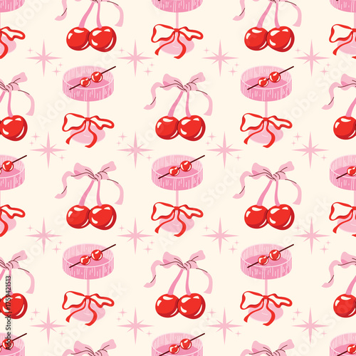 Coquette Seamless Pattern: Retro Pink Cocktail and Cherries Wallpaper with Bows and Sparkles. Vintage Y2K Vector Background. Valentine and love concept