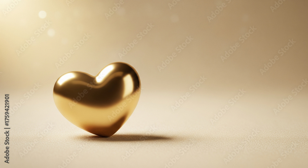Fototapeta premium Elegant golden heart on soft beige background, luxury minimal Valentine design, premium lighting, copy space, 4K 2