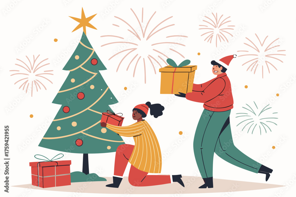 Fototapeta premium Family Celebrating Merry Christmas. Happy Family Preparing for New Year. Parents and their kid decorating a tree with tree balls and gift boxes. Christmas silhouette. New year silhouette.