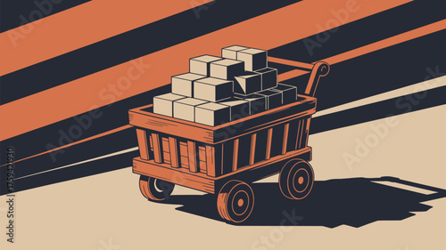 A wooden cart filled with stacked square blocks against a striped background in a vintage style art