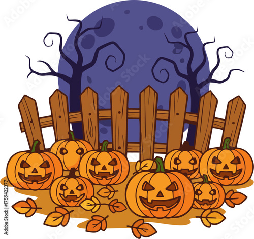 Halloween Pumpkin Patch Vector Illustration, Jack-o-Lanterns, Wooden Fence, Twisted Trees, Autumn Leaves, and Full Moon Night