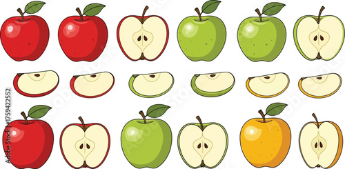 Vector art of assortment of red and green apples, whole and sliced