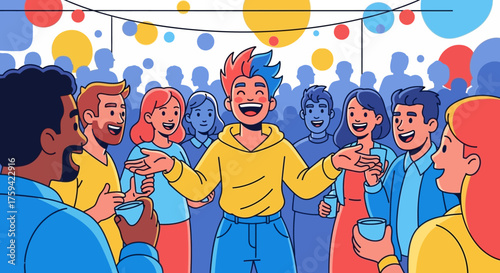 Enthusiastic man surrounded by a cheerful crowd at a party.