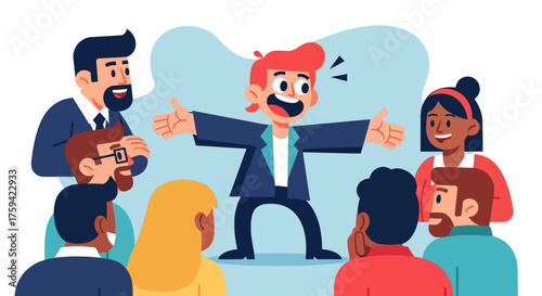 Enthusiastic Speaker Addressing a Diverse Audience with Open Arms.