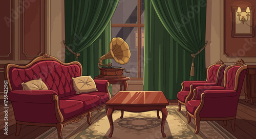 Elegant Victorian Living Room with Red Velvet Furniture and Antique Gramophone.