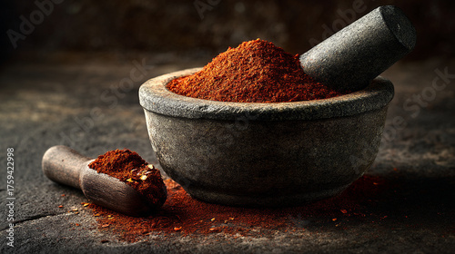 A stone mortar and pestle filled with red spice and a wooden spoon with spice on a dark surface