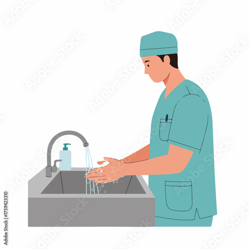 Flat Illustration Surgeon Scrubbing Washing Hand For Medical Healthcare Routine
