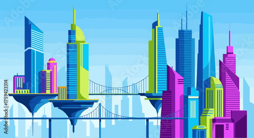 Futuristic Cityscape with Floating Platforms and Modern Architecture.