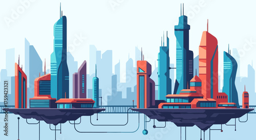 Futuristic Cityscape with Floating Platforms and Modern Architecture.