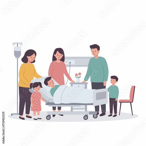 Flat Illustration Family Visit Sick Child in Hospital Bed