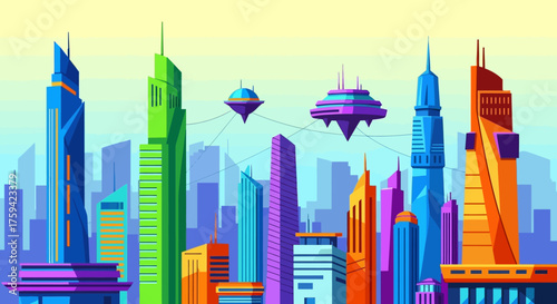 Futuristic Cityscape with Flying Saucers and Colorful Skyscrapers.