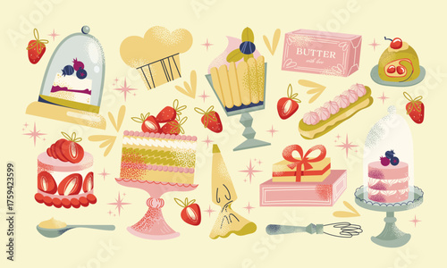 Cakes set, eclairs, pastries, and strawberries, whisk, piping bag, and gift box on light background. Flat vector illustration. Dessert and bakery concept