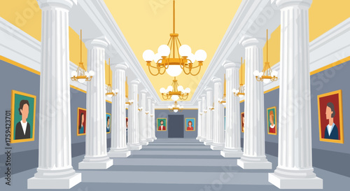 Grand Hallway with Columns and Portraits in an Art Museum.