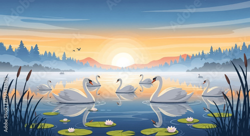Graceful White Swans Gliding on a Serene Lake at Sunset.