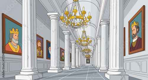 Grand Hallway with Royal Portraits and Ornate Chandeliers.