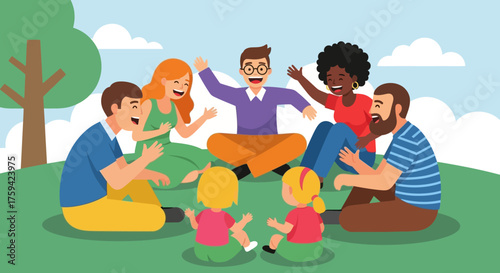 Group of People Sitting in a Circle on Grass.