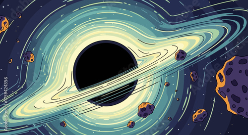 Illustration of a Black Hole with Accretion Disk and Space Debris.
