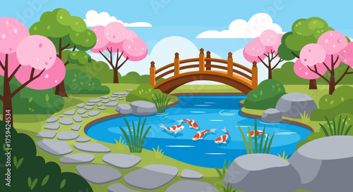Japanese Garden with Koi Pond and Wooden Bridge.