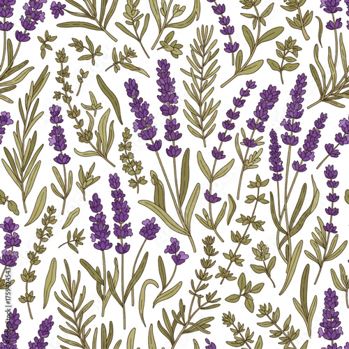 A seamless pattern featuring a repeating arrangement of purple flowers and green leaves on a white background, showcasing a Botani design with a delicate floral motif.