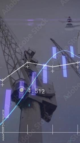 Animation of financial data processing over sea port and drone carrying box