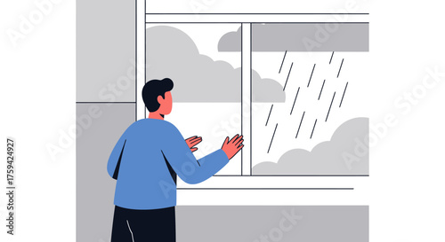 Man Gazing at Rain Through Window with a Blue Sweater.