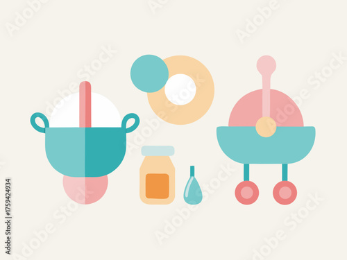 Playful kitchenware and baby items arranged in a colorful flat vector illustration