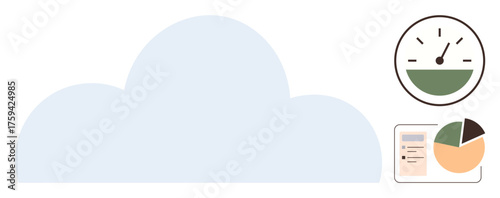 Cloud backdrop with speed gauge indicating performance, pie chart for data distribution, and document for report visuals. Ideal for analytics, cloud computing, performance, data visualization