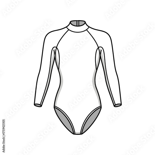 A sleek white long sleeve swimsuit with a high neckline and moderate leg cut is depicted.