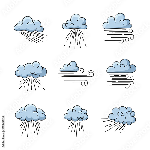 Collection of various weather illustrations depicting clouds and precipitation patterns.
