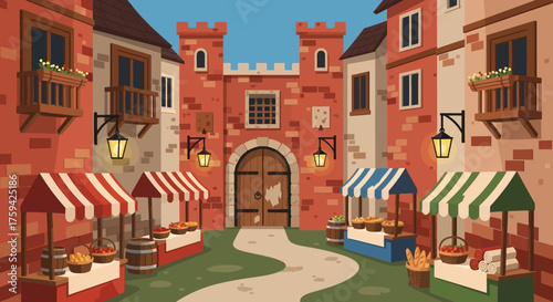 Medieval Market Scene with Stalls and Castle Gate Illustration.