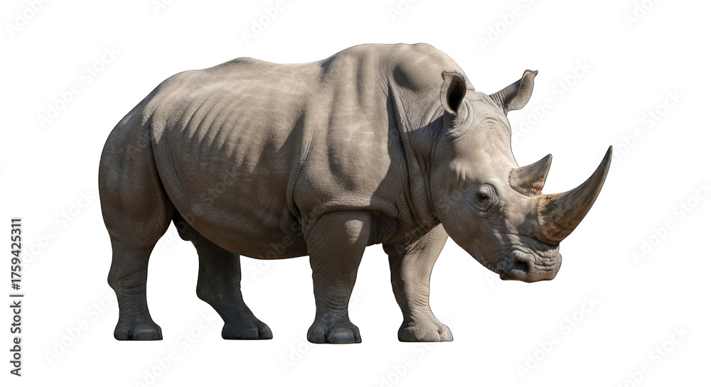 Obraz premium Isolated rhinoceros with thick, grey skin standing against a dark background