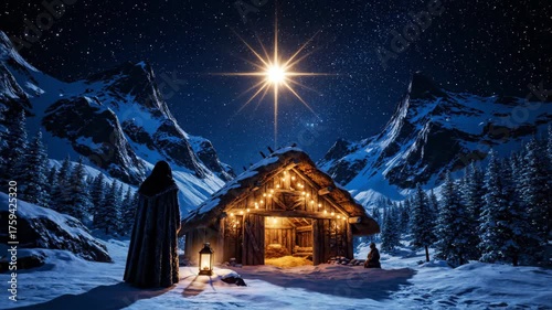 Nativity Scene Under Starry Night - A Christmas Celebration.