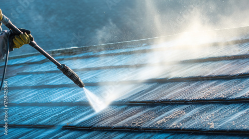 Worker power washing roof shingles with spray hose, Concept of home maintenance
