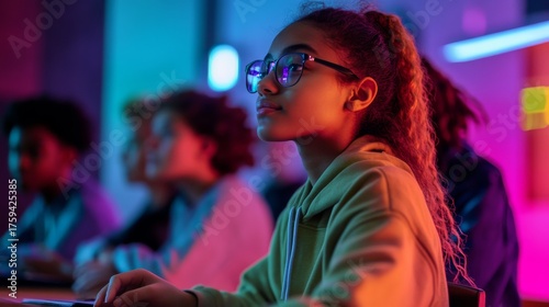 A young girl focuses intently on a digital lesson. The vibrant colors highlight a modern learning environment. Her concentration symbolizes dedication and curiosity. Generative AI