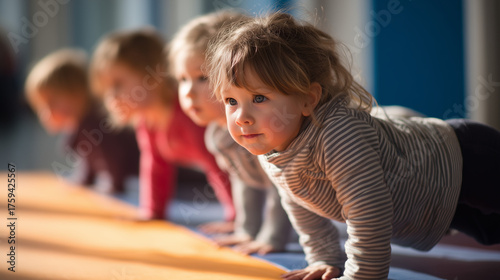Preschool children practicing tumbling exercises on padded mats, Concept of early childhood fitness
