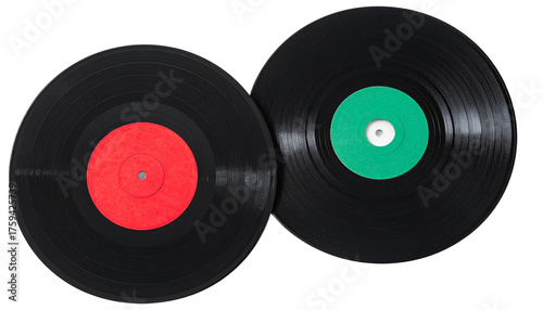 Pair of retro vinyl records with vibrant center labels, isolated on transparent background