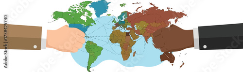 Vector art of two hands shaking over a colorful world map symbolizing global cooperation