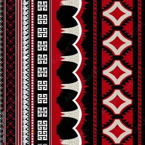 American ethnic tribal fabric pattern features rich red tones in a sharp geometric style, set against a deep black background for maximum ethnic and visual impact. The design offers a sleek, ethnic f