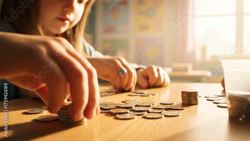 Counting Coins by Children on Table Top Close Up