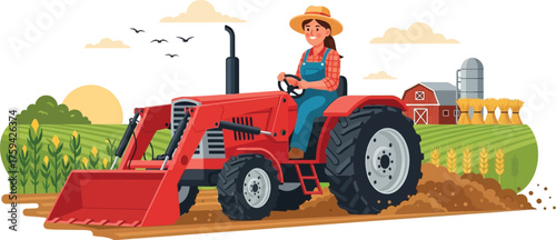 Vector art of farmer driving a red tractor in a field with crops and barn