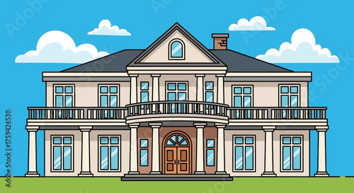 Elegant Two-Story Mansion with Balconies and Grand Entrance.