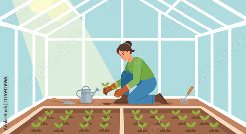Vector art of gardener planting seedlings in a greenhouse