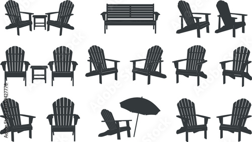 Silhouette collection of Adirondack chairs and benches, outdoor wooden patio furniture design for garden, beach, relaxation, and summer seating concept