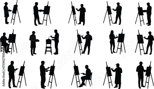 Silhouette collection of artists painting on canvas using brushes and easels, creative art concept showing painter poses and studio activity