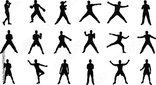 Silhouette collection of athletes boxing, training, and posing in fighting stances, fitness workout and martial arts movement illustration