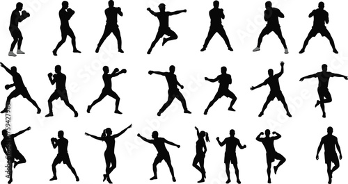 Silhouette collection of athletes boxing, training, and posing in fighting stances, fitness workout and martial arts movement illustration
