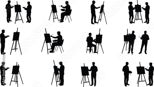 Silhouette collection of artists painting on canvas using brushes and easels, creative art concept showing painter poses and studio activity