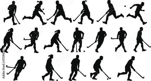 Silhouette collection of field hockey players running, dribbling, and striking the ball, athletic sports action poses for competition illustration